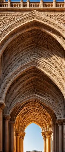 Grand, ancient, stone architectural arch, intricately carved, Romanesque style, ornate details, Gothic influenced, pointed top, symmetrical composition, warm golden light, dramatic shadows, isolated o