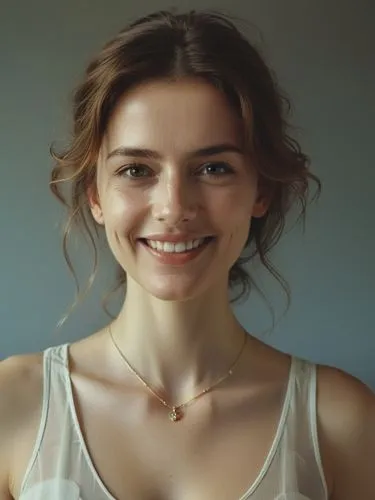 Female smiling into the camera,smiling woman in white tank top wearing a yellow pendant,sonrisa,invisalign,necklace,a girl's smile,smiling,maia,Photography,Documentary Photography,Documentary Photogra