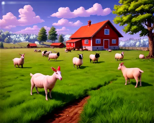 farm landscape,farm background,rural landscape,landscape background,cartoon video game background,farmstead,home landscape,barnyard,meadow landscape,farm animals,pasture,salt meadow landscape,red barn,rural,countryside,farm pack,farmyard,mushroom landscape,pink grass,farm house,Illustration,Realistic Fantasy,Realistic Fantasy 27