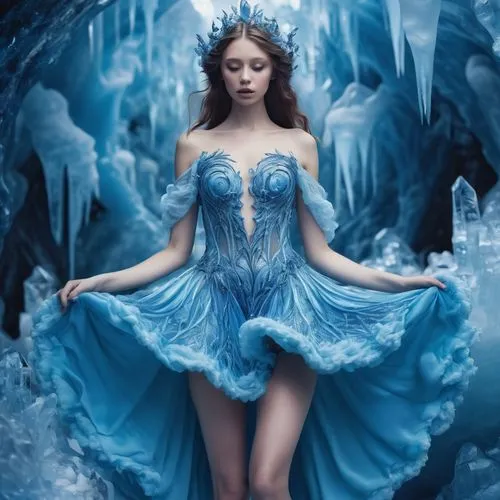 ice queen,ice princess,the snow queen,blue enchantress,margairaz,margaery,fantasy picture,winterblueher,water glace,fairy queen,ice castle,fantasy art,suit of the snow maiden,icewind,cinderella,faerie,cendrillon,naiad,seelie,fathom,Illustration,Realistic Fantasy,Realistic Fantasy 37