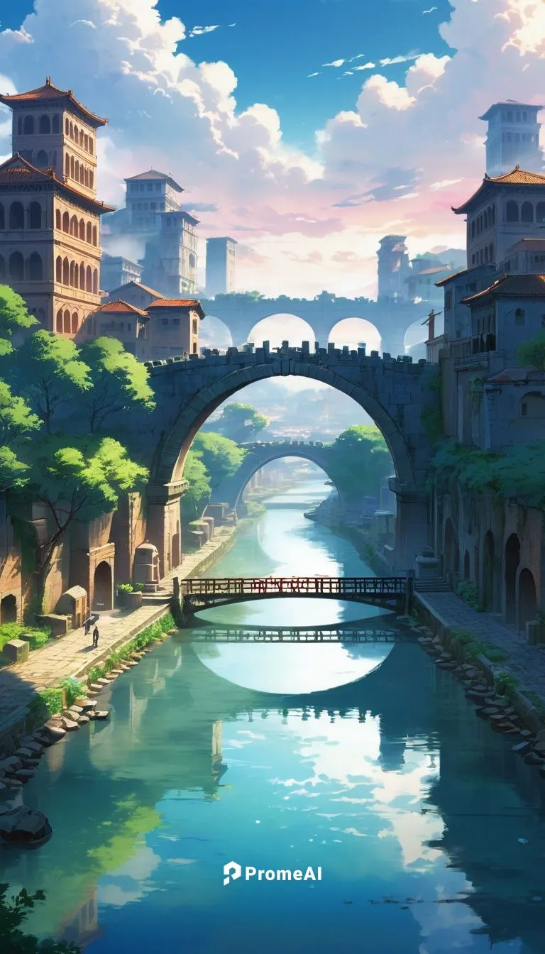 In the heart of the Roman Empire, a stone bridge spans the distance, lined with tall buildings and bright buildings. The river of the river, with its sparkling waters, ripples gently in the dry air. A