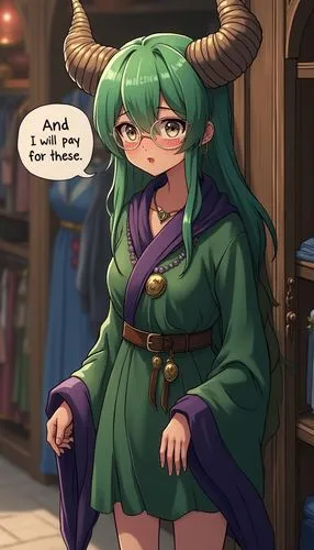 Draw in anime style 1 only: Inside a Byzantine clothing shop. A nerdy, glasses-wearing, horned, green-haired, evil druid girl, wearing short purple-trimmed green robes, wearing Gothic jewelry, is blus