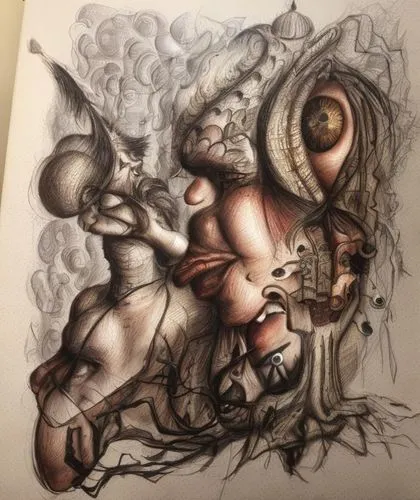 a drawing is shown with several objects surrounding it,smoke art,ganesha,diterlizzi,ganesh,charcoal drawing,bibbins,Common,Common,Natural