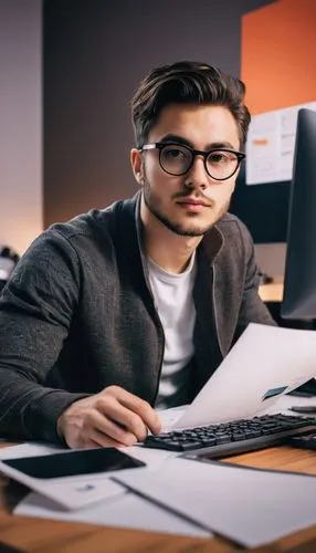 mvc architecture design, software development scene, male programmer, 30s, bespectacled, short hair, casual wear, sitting, desk, multiple monitors, keyboard, mouse, papers, coffee cup, indoor office, 