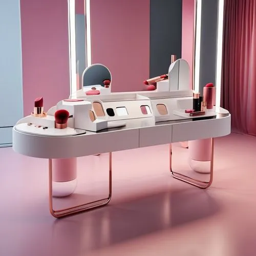 Beauty pop-up makeup table design, three mirrors, linear shape, lipstick display,dressing table,beauty room,cosmetics counter,makeup mirror,doll house,retro diner,beauty salon,capsule-diet pill,toilet