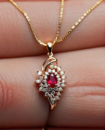 A pendant with ruby pear and round and marques diamond, high quality, ultra resolution, high details,8k,woman wearing a gold necklace with a red stone,diamond pendant,mouawad,helzberg,agta,gold diamon