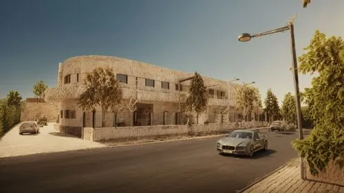 Tavertine clad walls  asphalt roads,an old building with a street light and cars in front of it,madaba,tarxien,birzeit,kataeb,nejmeh,qasr amra,Photography,General,Natural