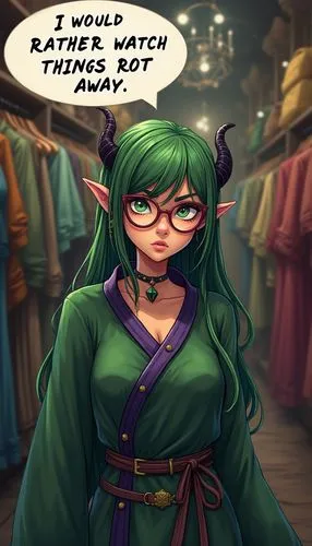 Draw in anime style: Inside a Byzantine clothing shop. A nerdy, glasses-wearing, horned, green-haired, evil druid girl, wearing short purple-trimmed green robes, wearing Gothic jewelry, is disgusted w