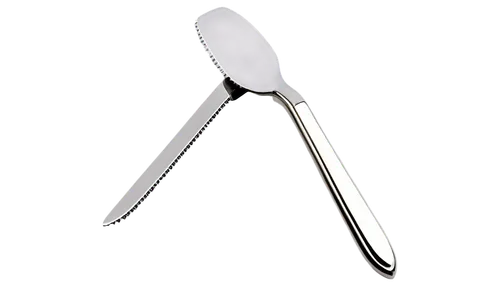 Butter knife, stainless steel, silver handle, rounded tip, serrated edge, shiny surface, reflective metal, morning light, still life composition, soft focus, warm color tone, PNG transparent backgroun