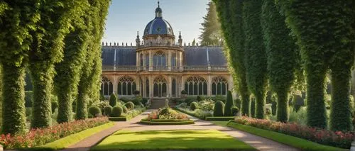 Christopher Wren style architecture, grandiose entrance, intricate stone carvings, ornate columns, domed roof, stained glass windows, Gothic details, symmetrical facade, lush greenery surroundings, vi