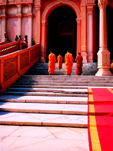 Hindu temple, Ram Mandir, intricate carvings, ornate decorations, golden domes, red flags, marble floors, grand entrance, stairs leading up, priest standing, devotees praying, morning sunlight, warm c