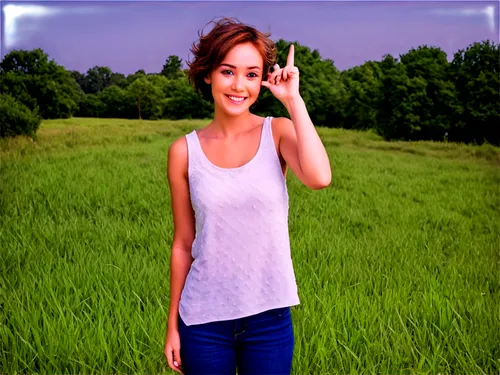 Free photos, camera, photographer, solo, young woman, casual wear, jeans, white tank top, messy bob hair, smiling, natural makeup, outdoor setting, sunny day, green grass, shallow depth of field, warm