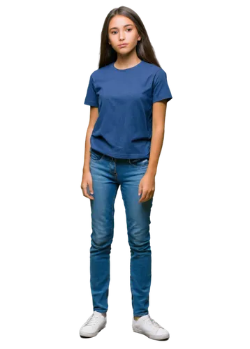 empty background, solo, full-body shot, blank face, no expression, straight hair, casual wear, plain white shirt, dark blue jeans, sneakers, standing, natural posture, soft lighting, shallow depth of 