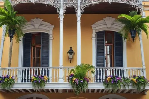 New Orleans, French Quarter, historic architecture, ornate iron balconies, intricate stonework, vibrant Mardi Gras colors, grand columns, wraparound porch, wooden shutters, tropical plants, ferns, pal