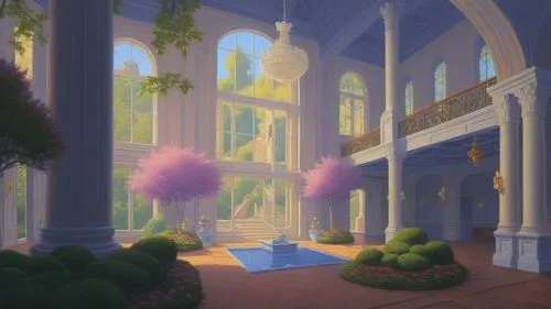 painting of a pink and purple room with plants,dandelion hall,sylvania,fairy tale castle,cartoon video game background,backgrounds,palaces,Conceptual Art,Daily,Daily 27