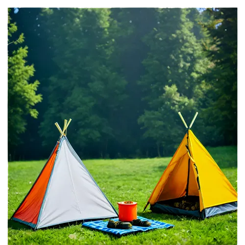 Camping scene, outdoors, transparent background, colorful tent, green grass, blue sky, sunny day, picnic mat, camping chair, backpack, hiking boots, marshmallows on stick, campfire, smoke rising, warm