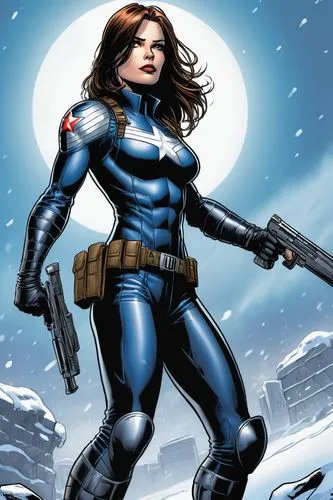 female Winter Soldier from Marvel Comics. Metal arm,a comic cover featuring an image of a woman with guns,bulletgirl,lilandra,madelyne,harkavy,romanoff,bucky,illyria,macniven,winterblueher,superheroin