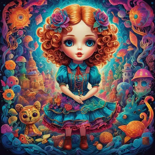 raggedy ann,artist doll,painter doll,alice,cloth doll,wonderland,mystical portrait of a girl,redhead doll,little girl with balloons,tumbling doll,fantasy portrait,girl doll,psychedelic art,little girl fairy,la catrina,fairy tale character,the little girl,alice in wonderland,merida,calaverita sugar,Illustration,Realistic Fantasy,Realistic Fantasy 39