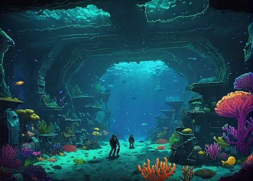 underwater exploration, survival game, player character diving, collecting resources, crafting tools, building underwater bases, encountering alien sea creatures, vibrant coral reefs, deep sea trenche