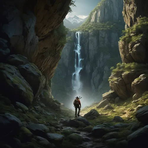 Depict a thrilling adventure where Kurth discovers a hidden treasure in a remote mountain range.,chasm,wander,brown waterfall,ash falls,canyon,exploration,mountain guide,mountain spring,canyoning,wate