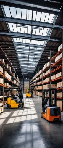 Industrial warehouse, architectural plexiglass covering, modern futuristic design, steel beams, metallic frames, transparent roofing, soft natural light filtering in, rows of shelving units, crates an