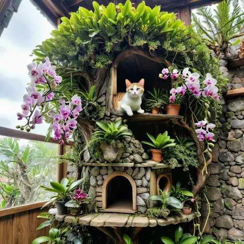 fairy house,climbing garden,tree house,flower cat,tree house hotel,fairy village,cat tree of life,garden ornament,calico cat,animal tower,calico,treehouse,fairy chimney,shelter cat,blossom kitten,cat european,king of the jungle,wisteria shelf,roof garden,merida,Photography,General,Natural