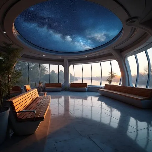 Planetarium interior, futuristic architecture, dome-shaped ceiling, starry night sky projection, comfortable seating area, riverside scenery integration, floor-to-ceiling windows, natural light pourin