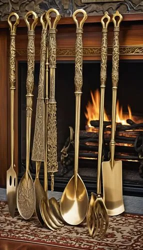 A set of gleaming brass fireplace tools, each piece ornately engraved with a hunting scene,,cooking utensils,kitchen utensils,utensils,shovels,ladles,kitchen tools,baking tools,cooking spoon,wooden sp