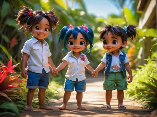 lilo,scandia gnomes,little girls walking,little people,childhood friends,little boy and girl,girl and boy outdoor,hula,happy children playing in the forest,kawaii children,cartoon palm,cute cartoon image,hold hands,island residents,children's hands,cartoon flowers,luau,boy and girl,chibi kids,miguel of coco,Conceptual Art,Daily,Daily 01