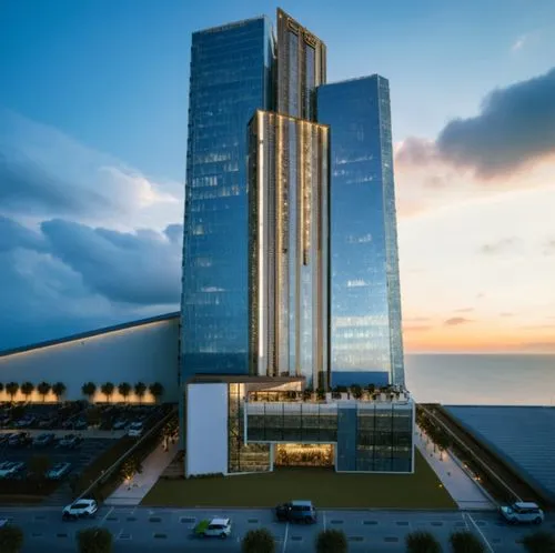 a tall, modern glass building towering over a parking lot,rotana,largest hotel in dubai,luanda,batumi,gdynia,mubadala,Photography,General,Cinematic