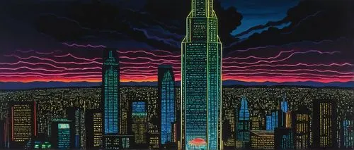 Futuristic federation building, majestic skyscraper, sleek metal framework, intricate circuitry patterns, neon lights illuminating the structure, towering high-rise, urban metropolis, bustling citysca