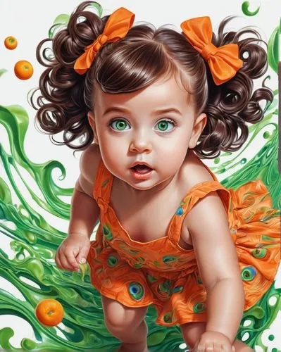 baby girl cute on white background, big radiant green expressive eyes, cartoon gute girl hairstyle chocolate colored hair gathered in two bunches, dressed in orange sundress and white shoes , hyperrea