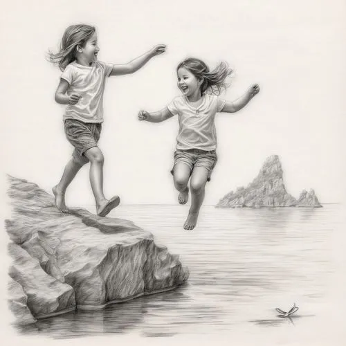 flying girl,children playing,happy children playing in the forest,little girl running,leap for joy,kids illustration,little girl in wind,jump river,girl and boy outdoor,pencil drawing,fairies aloft,pencil drawings,jumpiness,jumping,leapfrogging,leap,outjumping,children play,nields,children drawing,Illustration,Black and White,Black and White 30