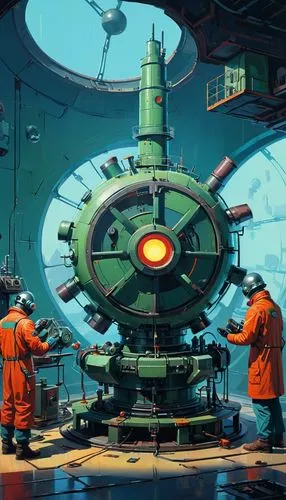 Horizon style, retro-futuristic, by Simon Stalenhag, {scientist assembles a compact nuclear reactor in the laboratory. perfect hands, perfect anatomy} . vintage sci-fi, 50s and 60s style, atomic age, 