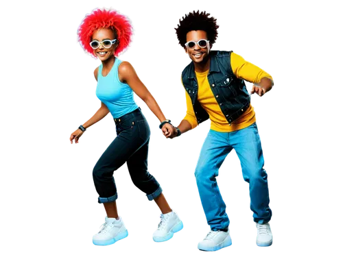 Futuristic DJ, funky hairstyle, colorful afro, trendy glasses, silver earrings, sleeveless shirt, ripped jeans, sneakers, mixing console, vinyl records, flashing lights, smoke machine, dynamic pose, l