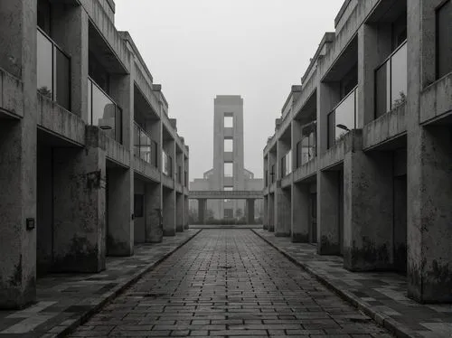 monolithic,brutalist,scampia,prora,nebbia,concrete blocks,salk,brutalism,interbellum,apartment blocks,sanatoriums,foggy day,alcatraz,reformatory,tower block,deindustrialization,tangiers,panopticon,coigny,industrialism