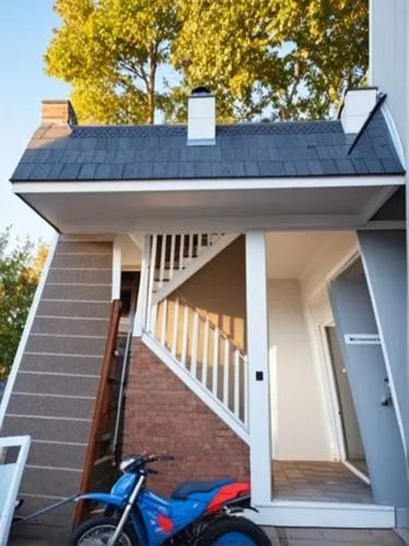 a small blue motorcycle sitting next to a brick building,folding roof,deckhouse,weatherboarding,dormer,dormer window,house roof,Photography,General,Natural