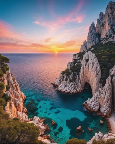 Visualize a romantic sunset at Cala Goloritz￨, as the sky transforms into a mesmerizing palette of warm hues.,balearic islands,sardinia,the balearics,costa brava,zakynthos,capri,mallorca,ibiza,baleari