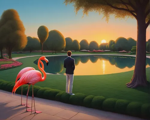 flamingo couple,two flamingo,flamingo with shadow,flamingos,flamingo,flamingoes,pink flamingo,pink flamingos,greater flamingo,lawn flamingo,surrealism,flamingo pattern,golf landscape,cuba flamingos,golf course background,scarlet ibis,bird painting,swan lake,romantic scene,surrealistic,Illustration,Realistic Fantasy,Realistic Fantasy 07