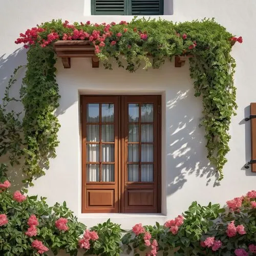 garden door,exterior decoration,window with shutters,greek island door,sicily window,hanging geraniums,door wreath,ventana,bougainvilleas,ventanas,bougainvilleans,bougainvillea,flowering vines,shutters,front door,flower wreath,stucco frame,window front,window frames,houses clipart,Illustration,American Style,American Style 13