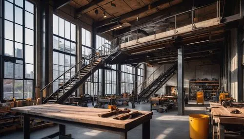 Industrial workshop, modern minimalist architecture, steel beams, concrete walls, large windows, natural light pouring in, metal staircase, wooden workbenches, scattered tools, machinery, and blueprin