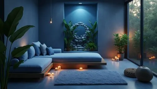 bedroom,zen garden,blue room,zen,feng shui,alcove,cabana,modern decor,modern room,fengshui,japanese zen garden,japanese-style room,meditative,interior design,sanctum,blue lamp,spa,3d render,guest room,serene,Photography,General,Realistic