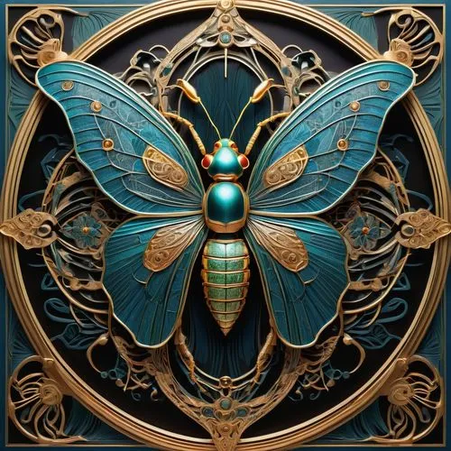 scarab,blue wooden bee,ulysses butterfly,aurora butterfly,art nouveau frame,cicada,Art,Artistic Painting,Artistic Painting 03