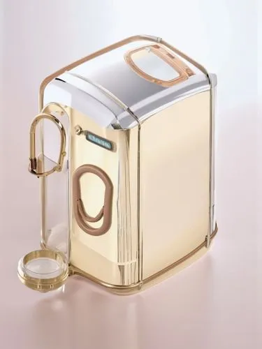 一款饮水机，复古风格，带一些电镀装饰件,a gold and white toaster with a magnifier,fragrance teapot,delvaux,champagne cooler,perfume bottle,jerrycan,loewe,flask,kartell,pencil sharpener,cuvette,minkoff,glass mug,guerlain,