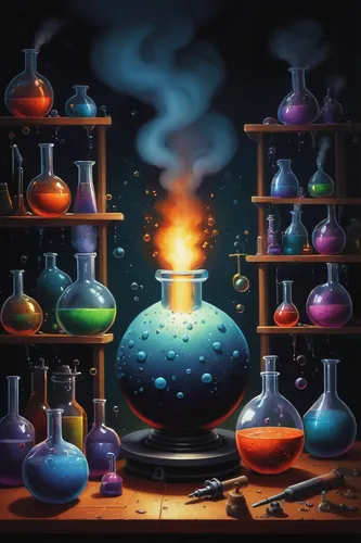 potions,potion,alchemy,chemist,candlemaker,distillation,chemical laboratory,cauldron,laboratory,apothecary,reagents,laboratory flask,fungal science,sci fiction illustration,chemical reaction,molecule,candy cauldron,creating perfume,magical pot,molecules,Illustration,Realistic Fantasy,Realistic Fantasy 18