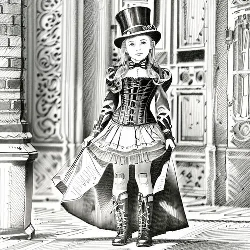 a beautiful little girl in a black steampunk corset, black blouse, black skirt, black high-hat, black laced boots, Victorian street background ,victorian style,victorian fashion,victorian lady,victori