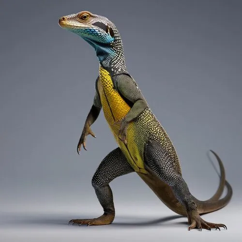 A monitor lizard with fitness wear, like a woman, front view, studio photo, hyper realistic, fashion, photorealistic, 3d render, Disney style.,pachycephalosaurus,collared lizard,iguanidae,troodon,tira