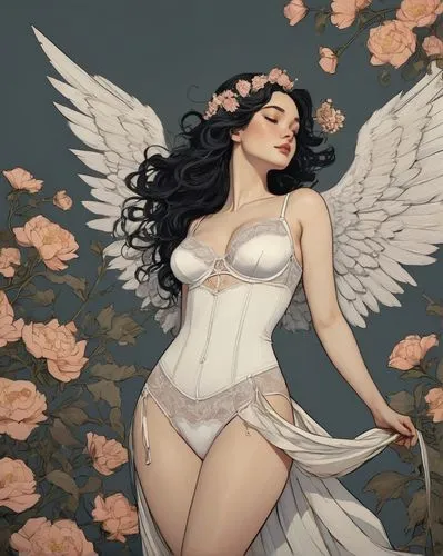 Painting of a beautiful adult female angel has a curvy body, wearing simple lingerie, dressed in flowers, high quality, highly detailed, finely detailed,the woman with the wings is wearing lingerie,vi