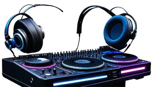 DJ, headphones, studio, music production, mixing console, microphone, laptop, speakers, vinyl records, turntables, dark background, neon lights, futuristic atmosphere, close-up shot, low-angle composi