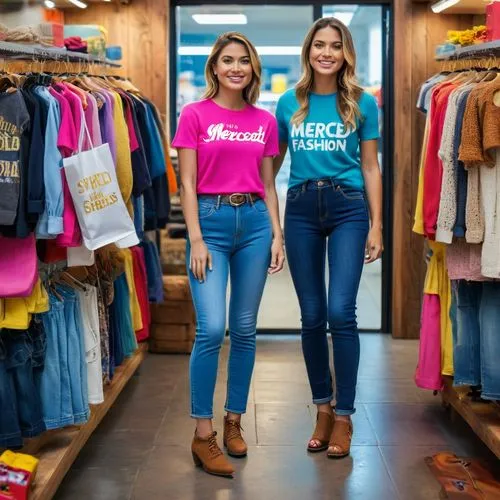 a crowd of 23-year-old women dressed in brightly colored sweaters and jeans swoosh toy cars as they shop for bulky goods. The storefront is lined with shelves filled with colorful goods, and the woman